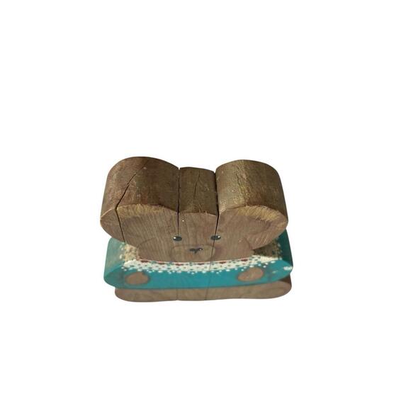 Handmade Vintage 1990s Wooden Bear Decor Teal Sweater Rustic Folk Art 9x8 in - Picture 7 of 10